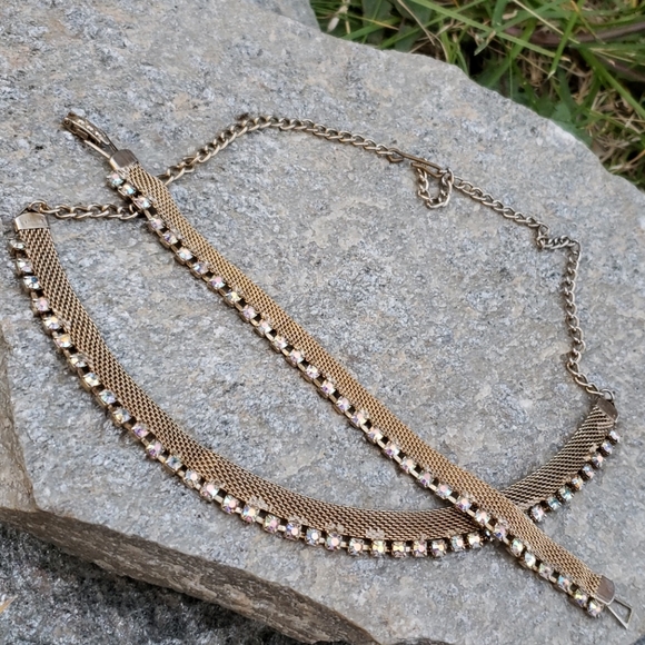 Vtg Golden Mesh AB Rhinestone Necklace Bracelet - Picture 6 of 8